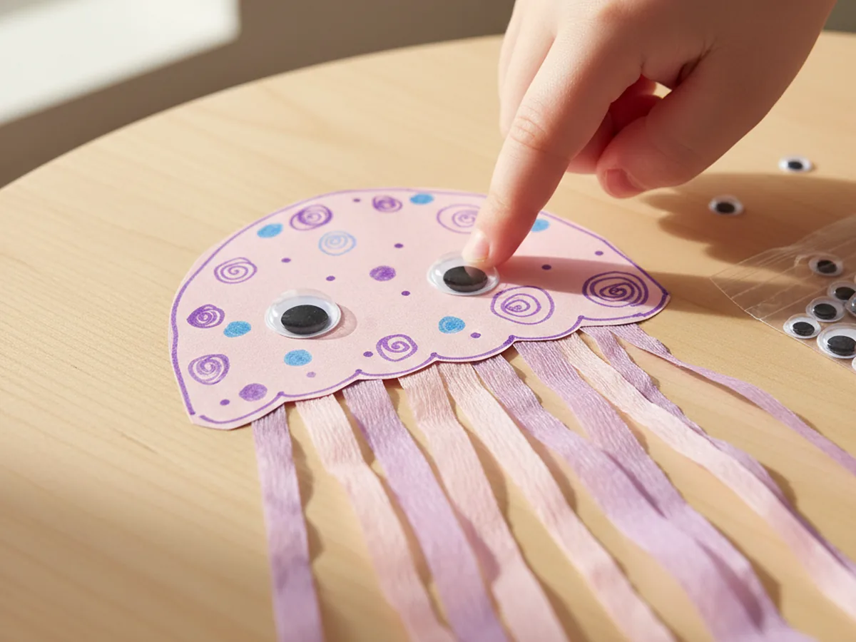 A child pressing two self-adhesive googly eyes onto the front of the pink paper jellyfish dome with tentacles hanging below