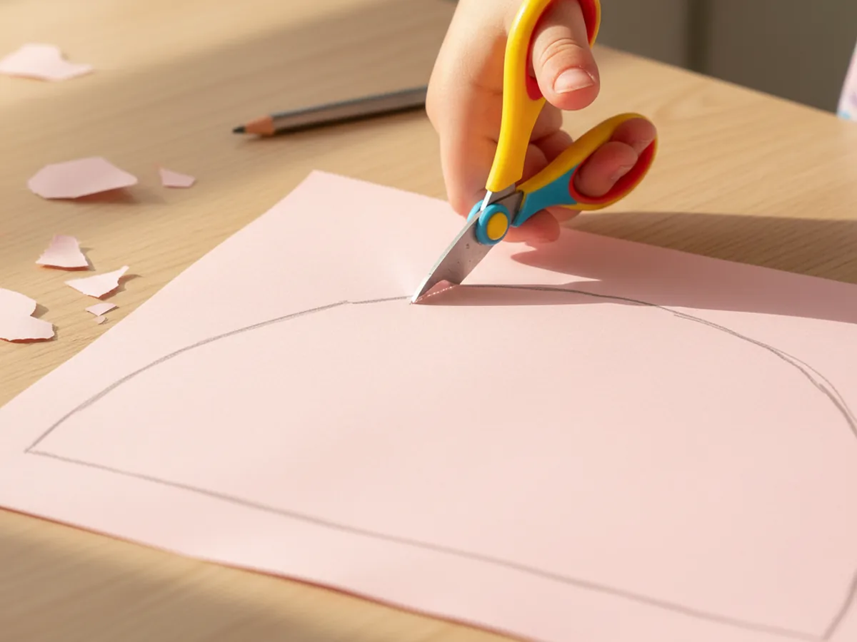 A child cutting out a half-circle dome shape from light pink construction paper for a paper jellyfish craft