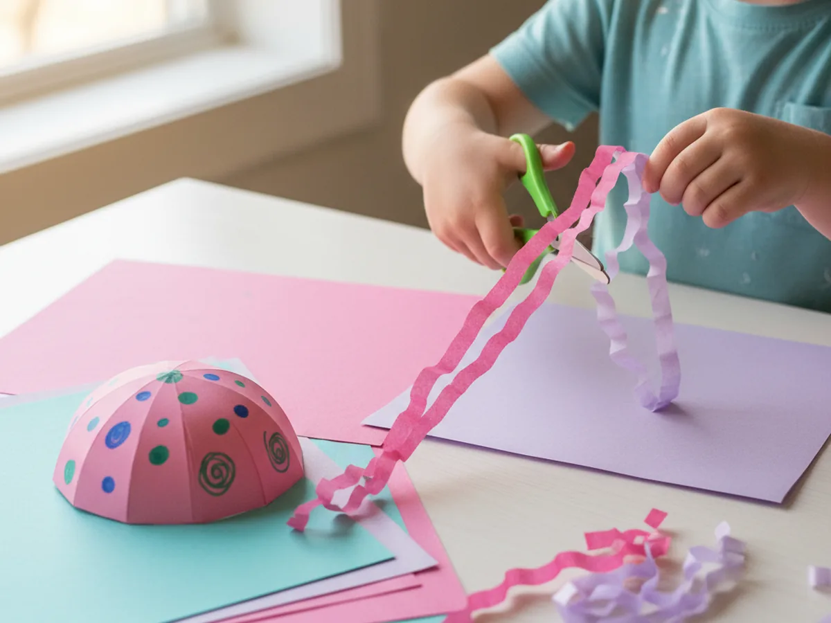 A child cutting long wavy strips of pink and purple tissue paper to use as jellyfish tentacles
