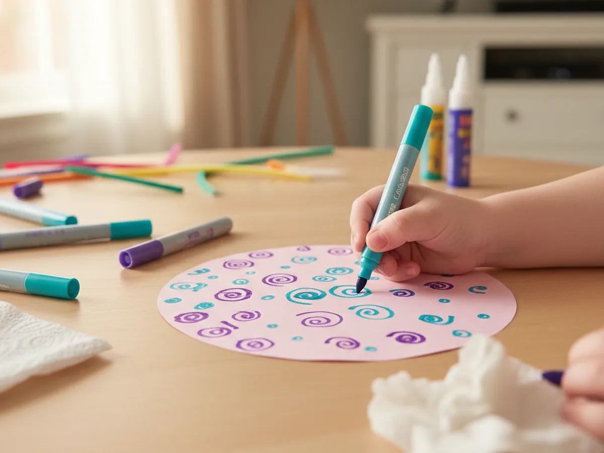 A child drawing colorful dots and swirls on the pink jellyfish body using teal and purple washable markers