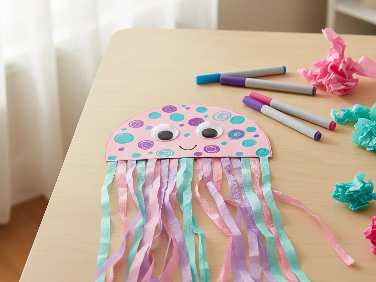 A finished paper jellyfish craft with googly eyes, a tiny smile, decorated dome, and flowing pink and purple tissue paper tentacles