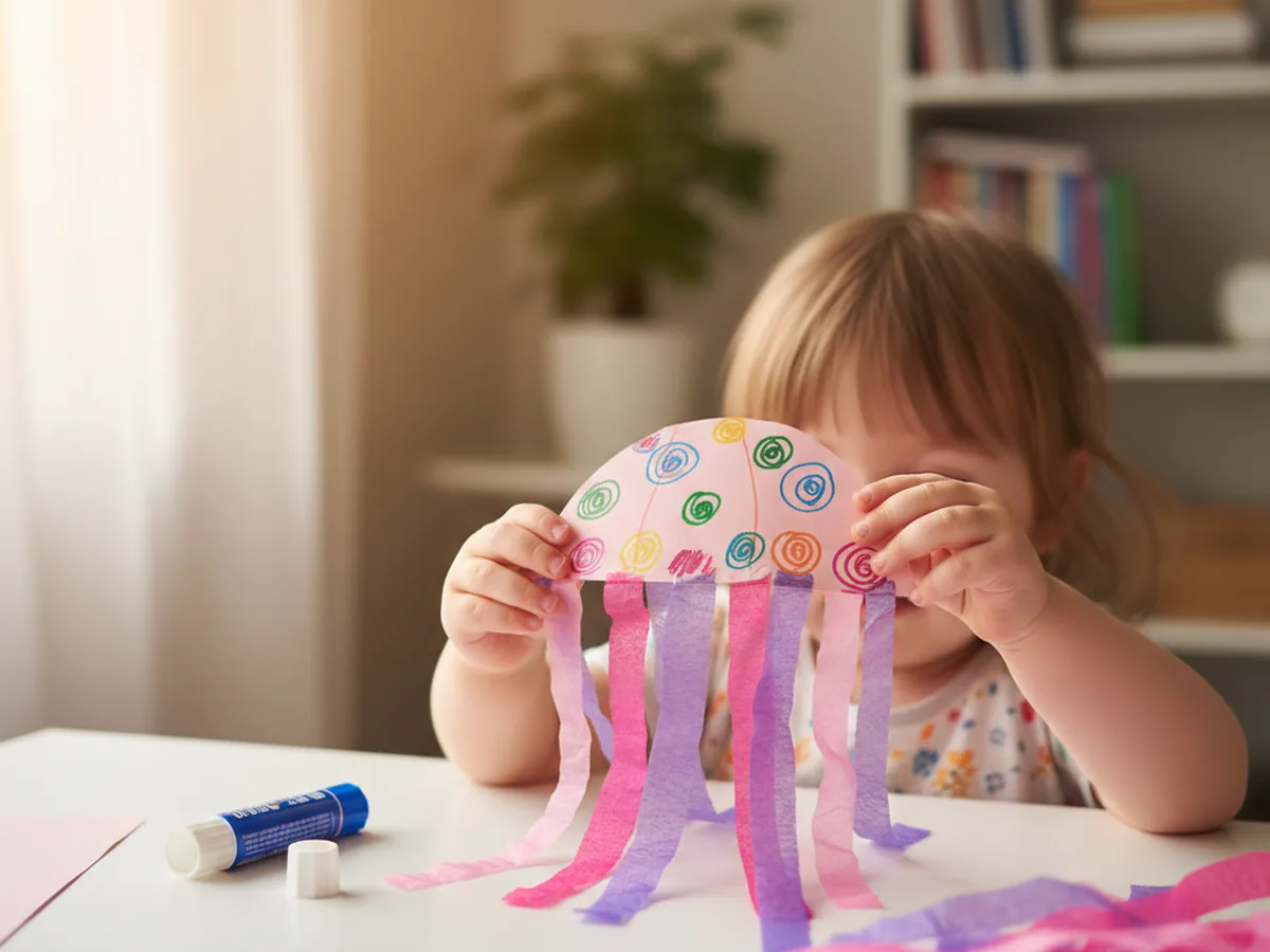 A child pressing pink and purple tissue paper tentacle strips onto the bottom edge of a paper jellyfish dome with a glue stick