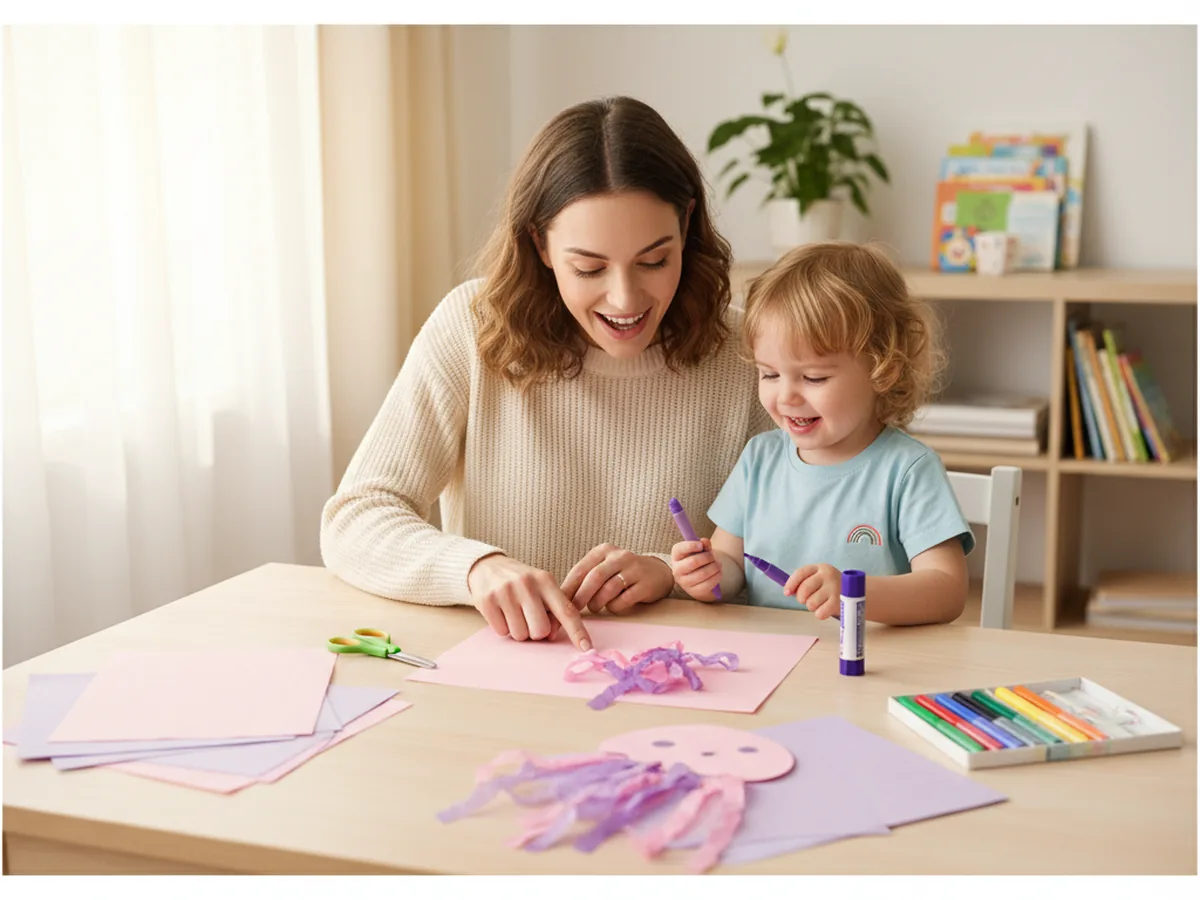 A mom and young child sitting together at a craft table with pink construction paper and tissue paper for a jellyfish craft