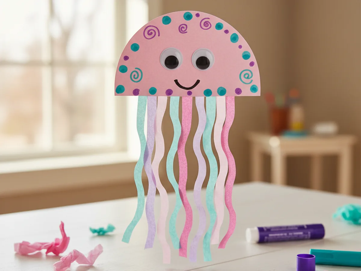Finished pink and purple paper jellyfish craft with wavy tissue paper tentacles on a white craft table
