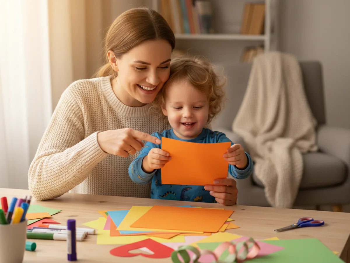 A mom and young child sitting together at a craft table, excited to start making paper lanterns with colorful paper