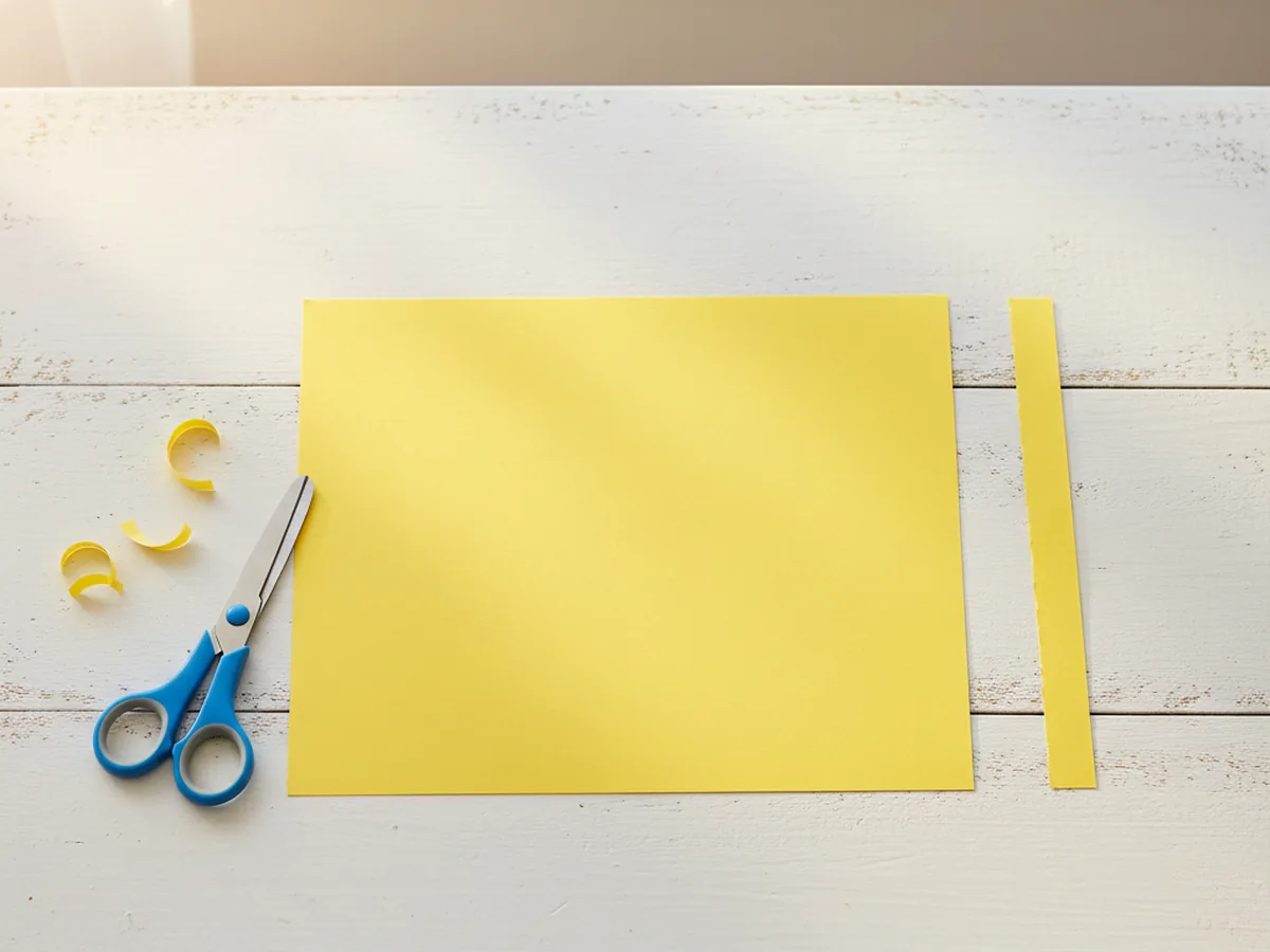 A sheet of colorful construction paper with a thin strip cut from one short end, laid out on a white craft table