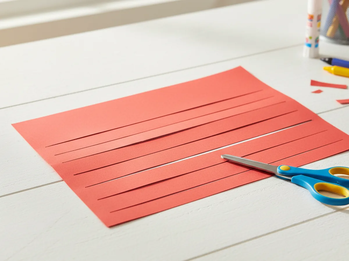 Folded construction paper with evenly spaced scissor slits cut from the folded edge, laid flat on a craft table