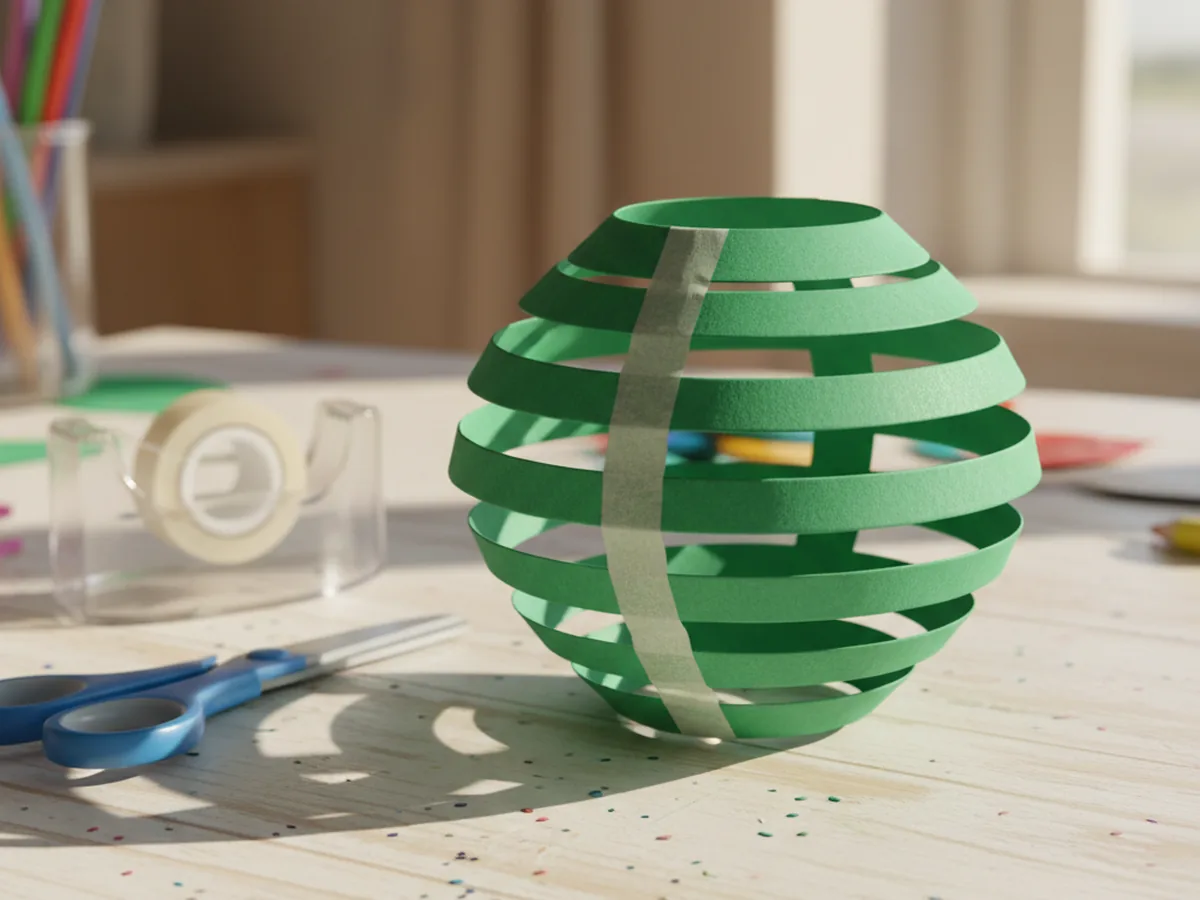 Colorful paper curled into a cylinder lantern shape with the slit strips bowing outward, held together with tape