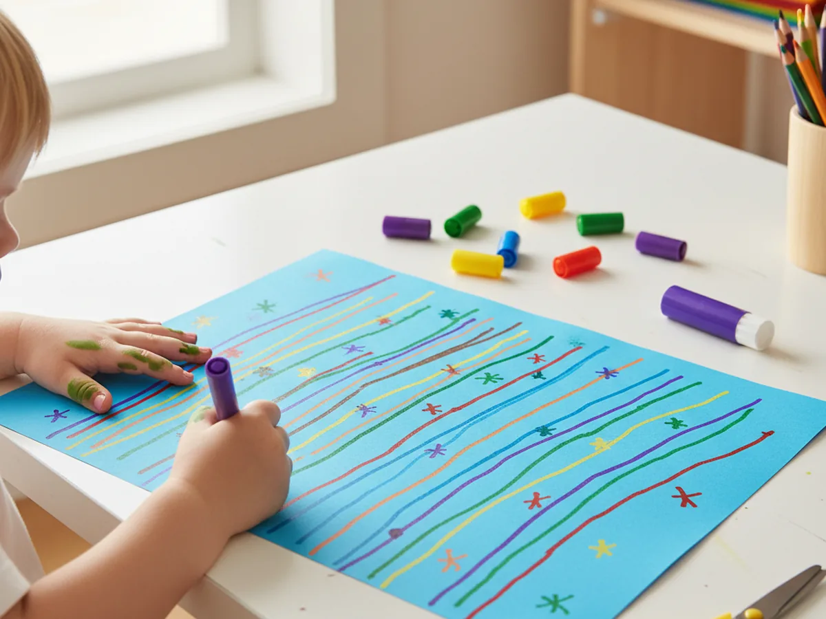 A young child drawing colorful stripes and stars on a sheet of construction paper at a craft table