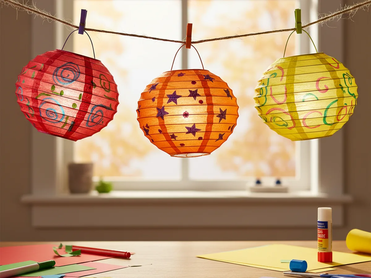 Three finished colorful paper lanterns with handles, hanging from a string against a bright window