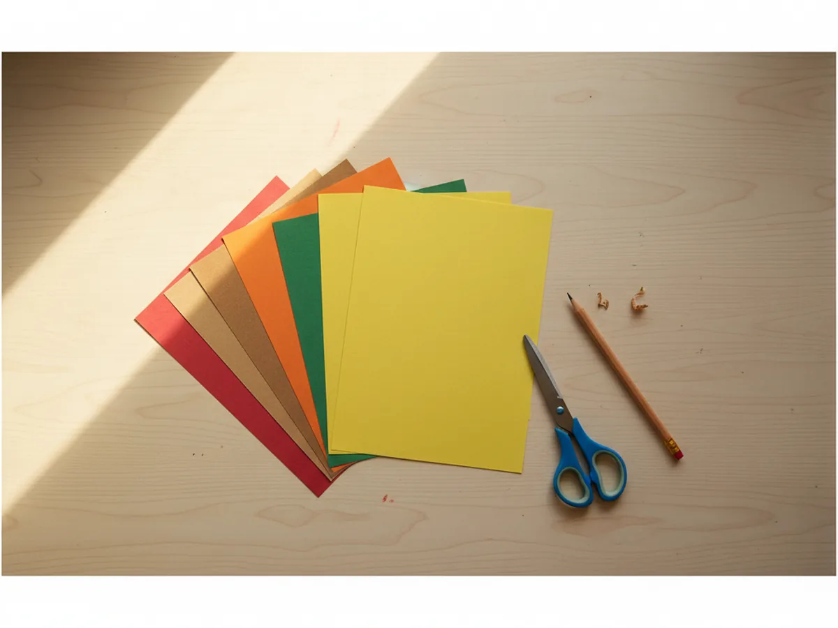 A neat stack of red, orange, yellow, brown, and green construction paper laid out on a craft table next to scissors and a pencil for paper leaves
