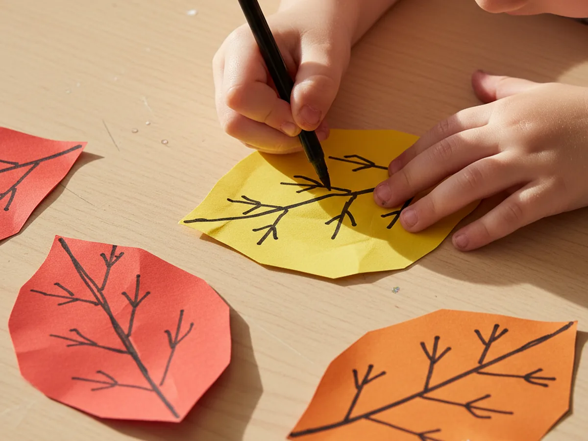 A child drawing branching black veins with a fine marker onto a yellow paper leaf with a clear center fold