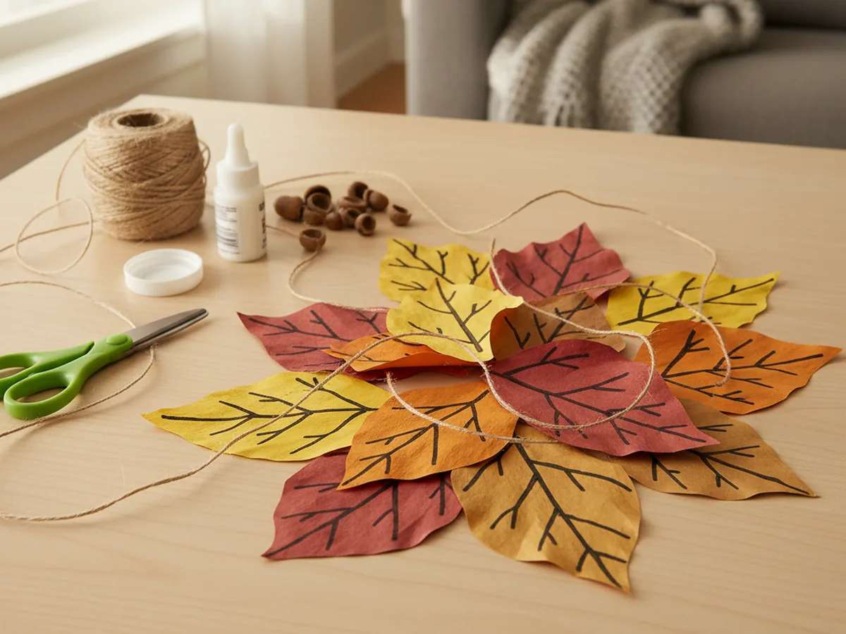 A finished collection of pretty paper leaves for crafts in red, orange, yellow, and brown with curled edges and drawn veins arranged on a wooden table