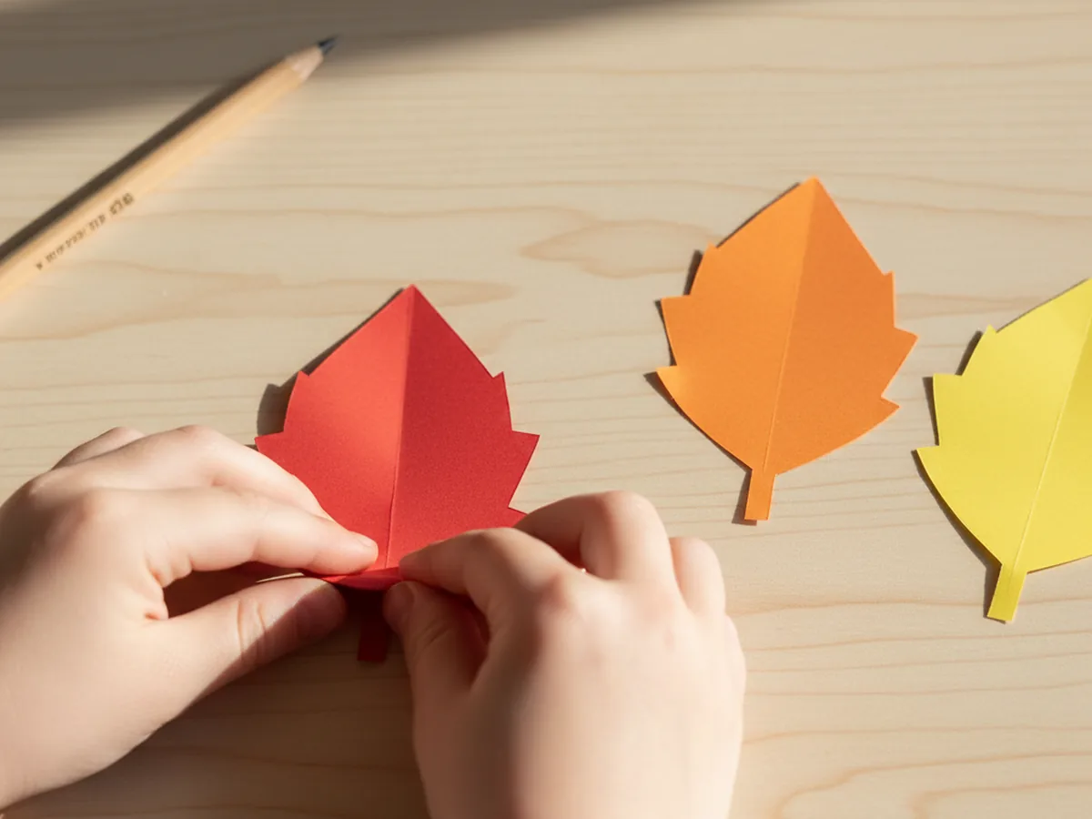 A red paper leaf being folded in half down the center to create a soft crease for the main leaf vein on a craft table
