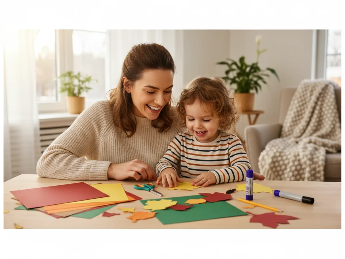 A mom and young child sitting at a craft table with autumn-colored construction paper, scissors, and pencils ready to make paper leaves for crafts
