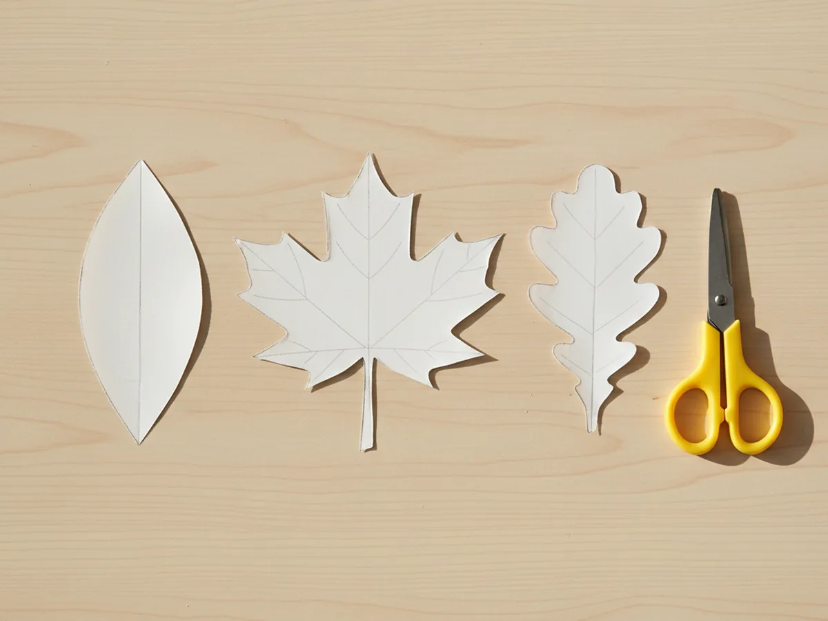 Three handmade cardstock leaf templates including a pointed oval, a maple shape, and a wavy oak shape laid flat on a craft table