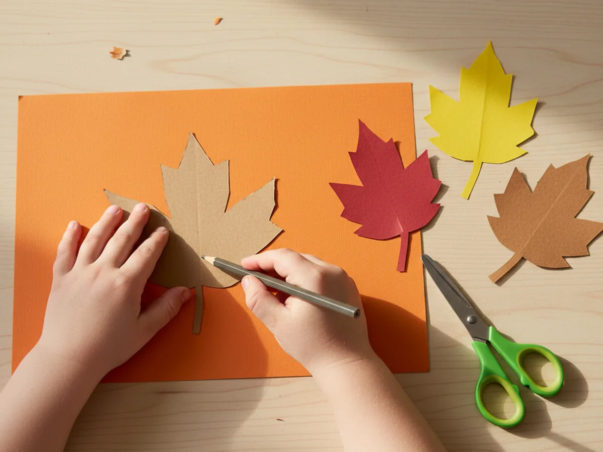 A child tracing a leaf template onto orange construction paper with a pencil while several already cut paper leaves sit beside them