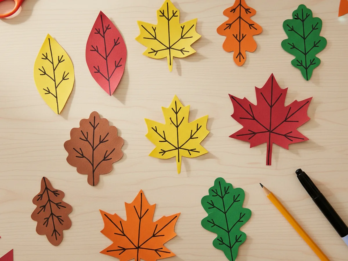 A pretty handmade collection of paper leaves for crafts in red, orange, yellow, brown, and green spread across a craft table