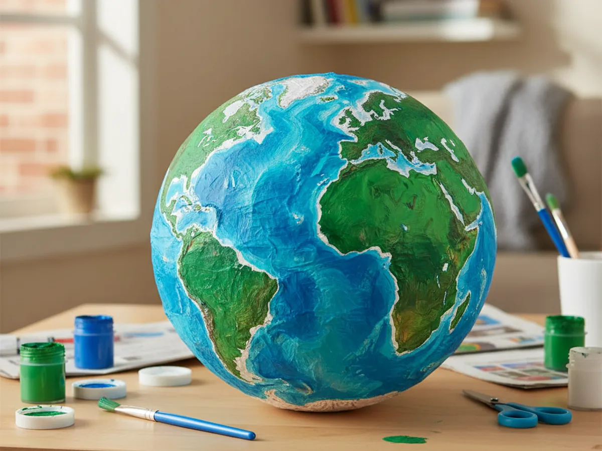 Handmade paper mache globe made from a round balloon covered in newspaper strips and painted with blue oceans and green continents by a child