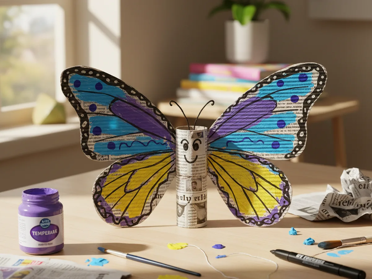 Handmade paper mache butterfly with large cardboard wings painted in purple, blue, and yellow with black marker outline details on a craft table