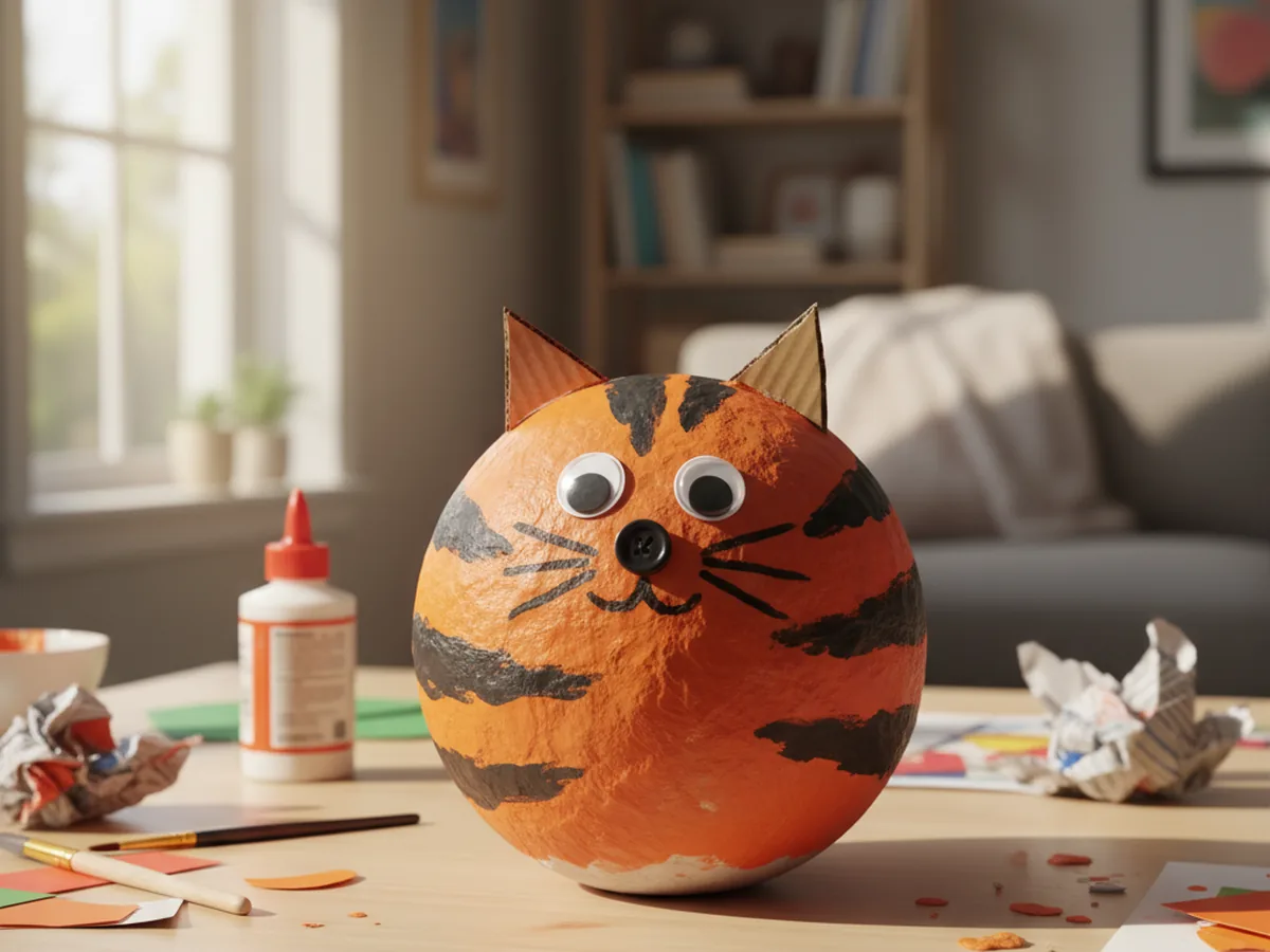 Handmade paper mache cat with round balloon body and smaller head, cardboard triangle ears, painted orange with black stripes and googly eyes
