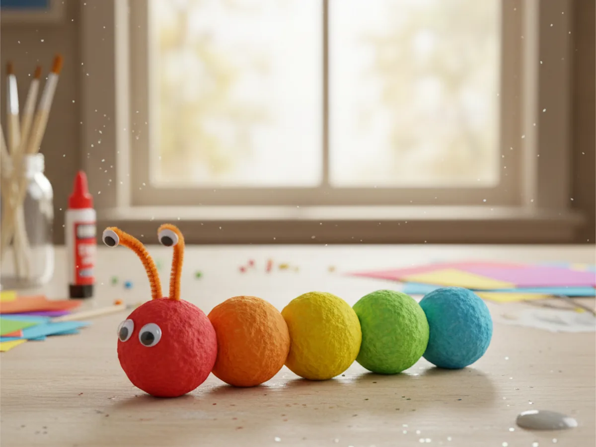 Handmade paper mache caterpillar made from five small colorful spheres lined up in a row with pipe cleaner antennae and googly eyes