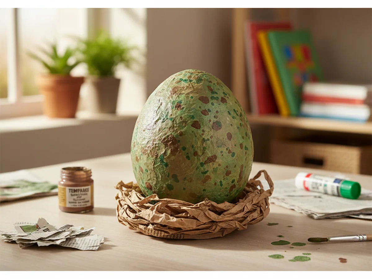Handmade paper mache dinosaur egg made from a balloon covered in dried newspaper strips and painted in mottled earthy greens and browns