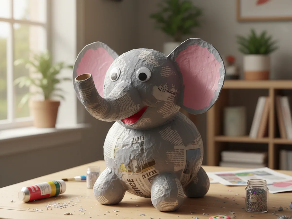 Handmade paper mache elephant with balloon body, paper towel roll trunk, and large cardboard circle ears, painted gray with pink inside ears and googly eyes