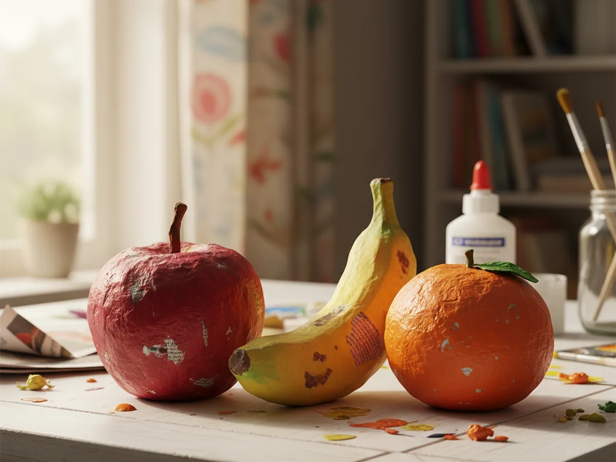Handmade paper mache fruit display with newspaper-stuffed apple, banana, and orange shapes covered in dried strips and painted in realistic colors
