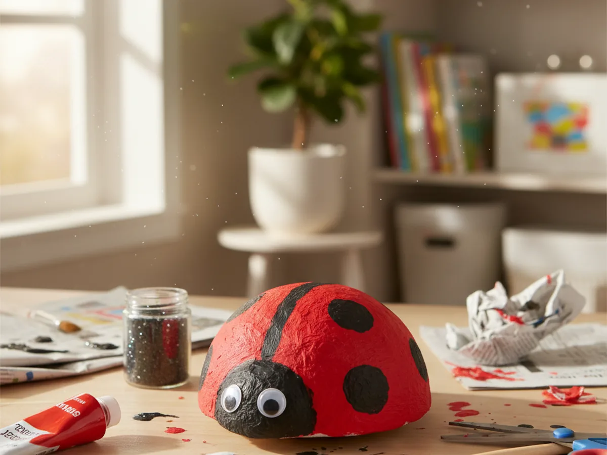 Handmade paper mache ladybug with dome-shaped red body painted with black spots, a small round black head and two googly eyes