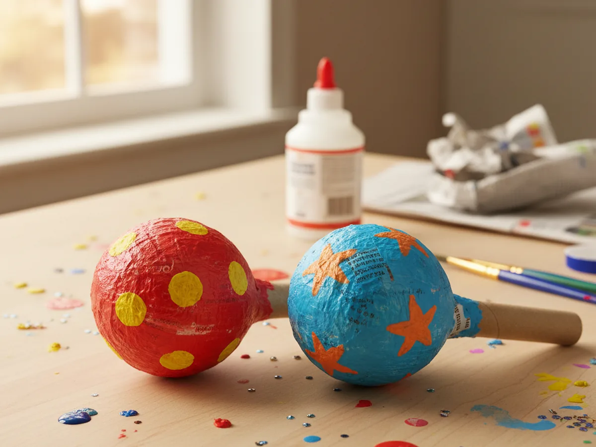 Two handmade paper mache maracas on paper towel roll handles, painted in bright colors with decorative patterns, lying on a craft table