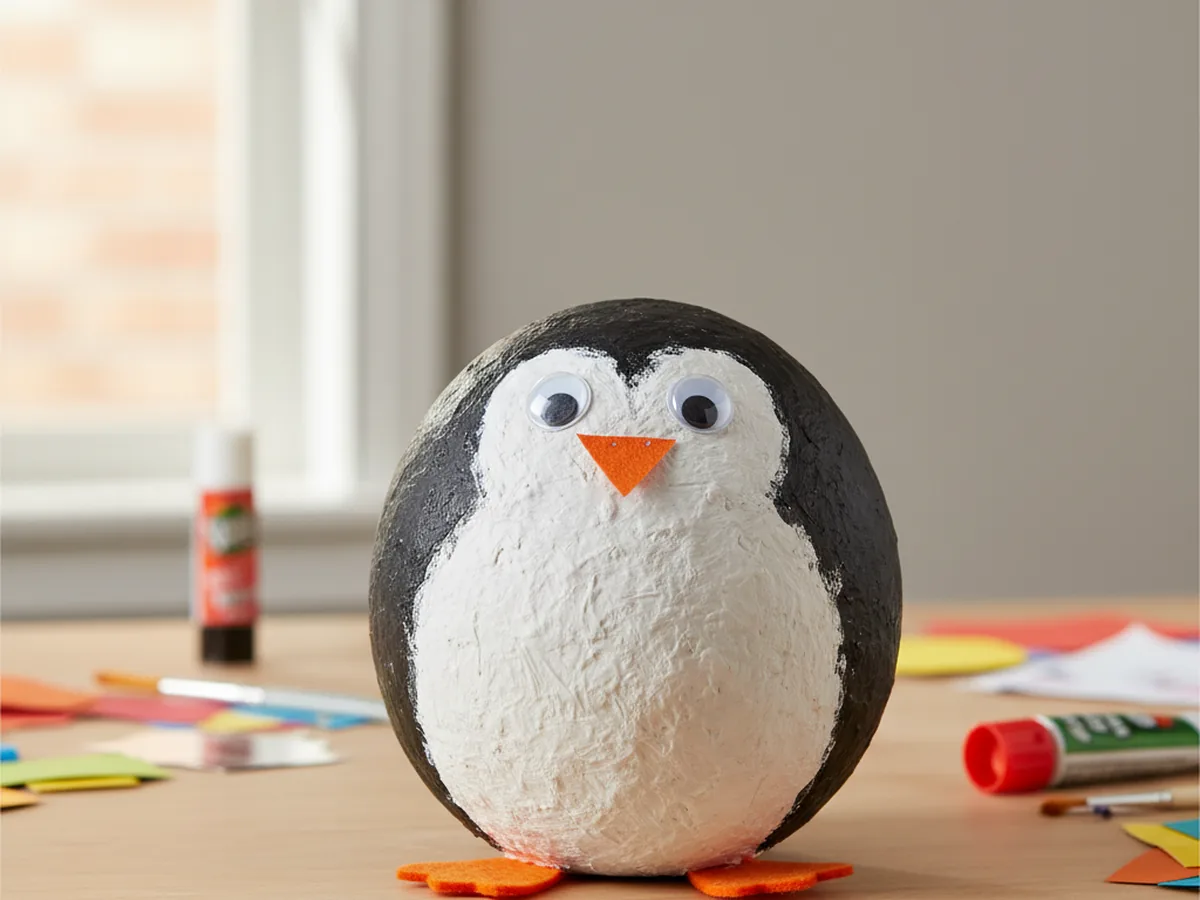 Handmade paper mache penguin made from a balloon base, painted black and white with an orange beak and small felt feet on a craft table