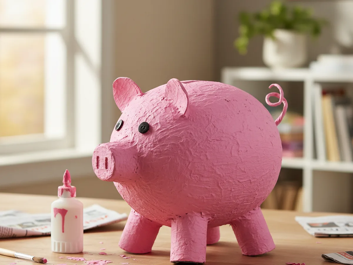 Handmade paper mache piggy bank with balloon body, toilet paper roll legs, paper cup snout, and cardboard ears all painted pink with a coin slot on top