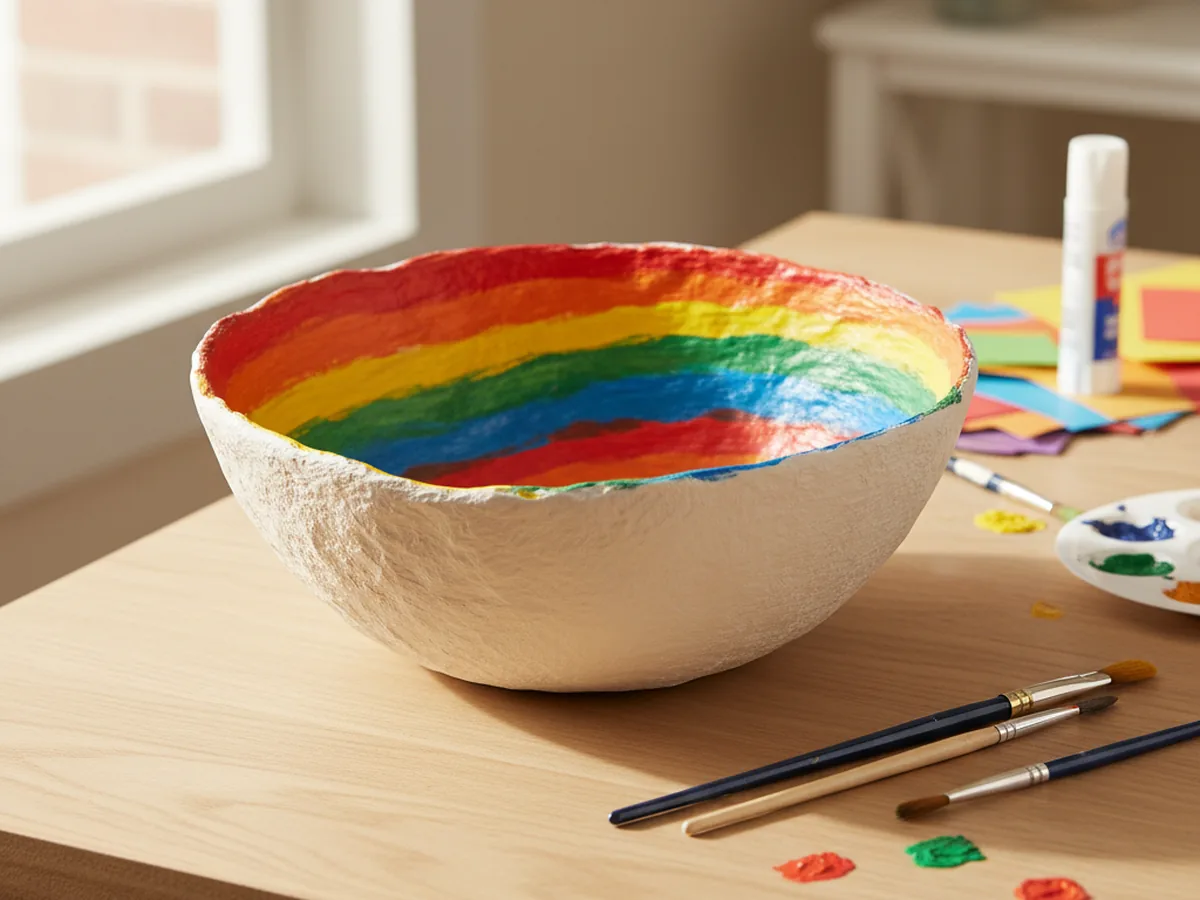 Handmade paper mache bowl painted in wide rainbow stripes of red, orange, yellow, green, and blue on the inside, sitting on a craft table