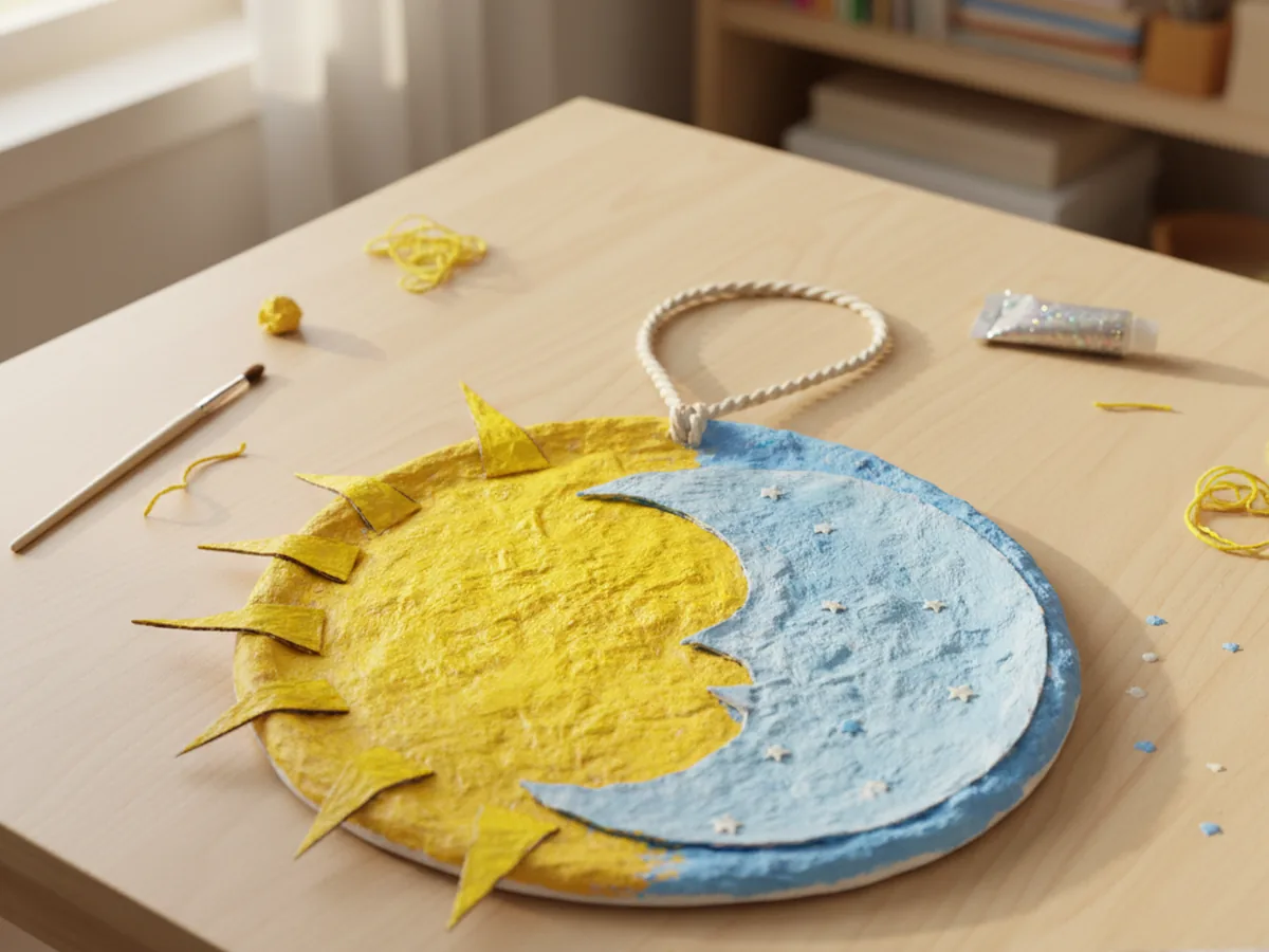 Handmade paper mache wall hanging disc painted half as a bright yellow sun with pointed cardboard rays and half as a pale blue crescent moon