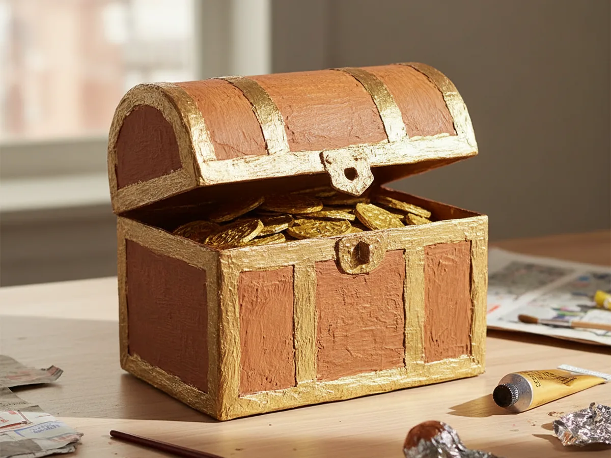 Handmade paper mache treasure chest made from cardboard covered in newspaper strips, painted brown with gold metallic detail and lid slightly open