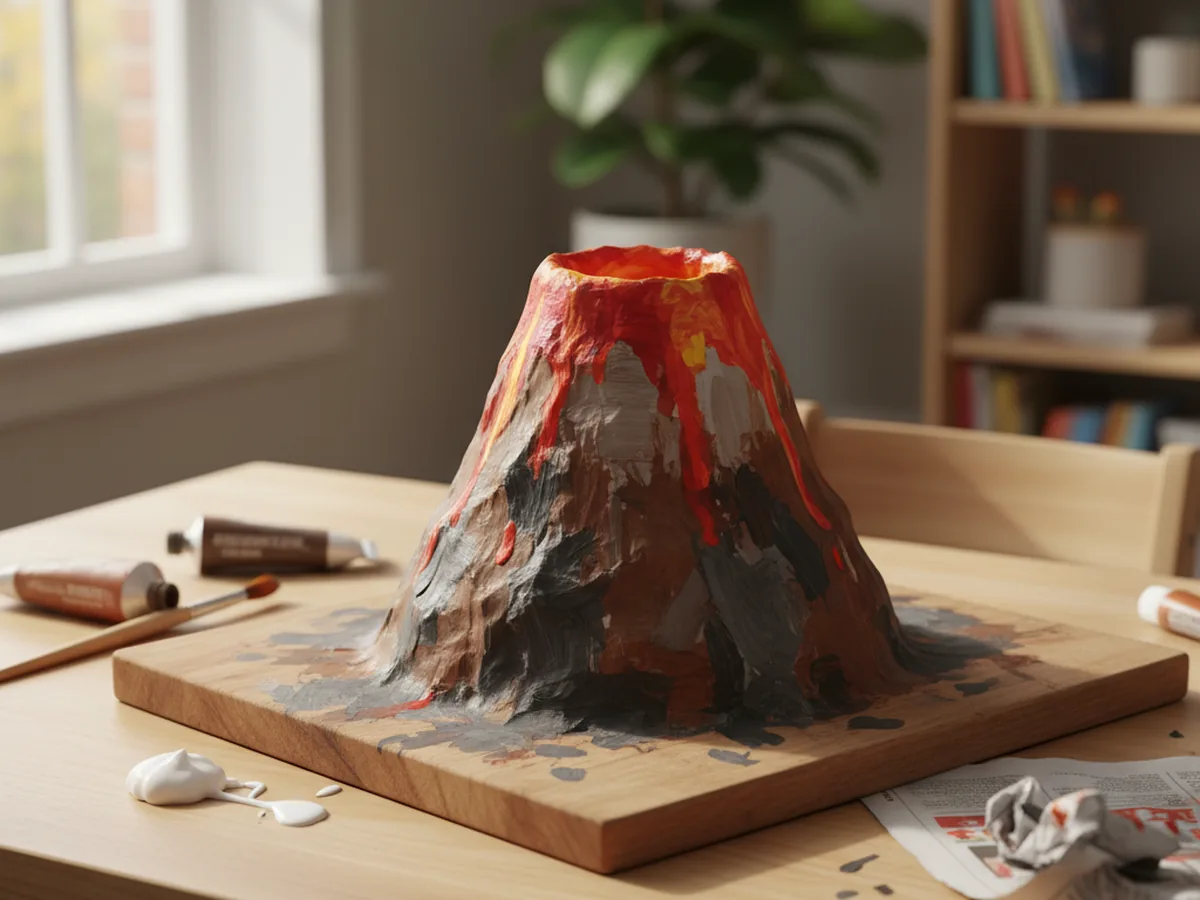 Handmade paper mache volcano built around a small plastic bottle, painted with rocky browns and fiery red and orange at the crater rim