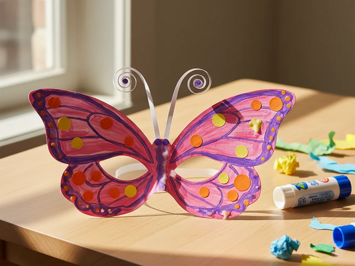 A decorated butterfly mask with colorful paper dots glued onto the wings and two curled paper antennae attached to the top center