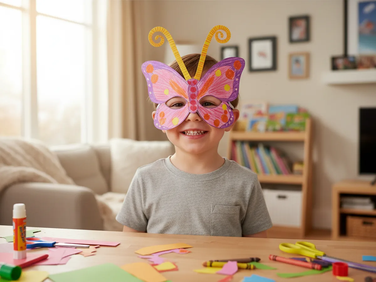 A smiling young child wearing a colorful handmade paper butterfly mask with curled antennae, looking proud and happy