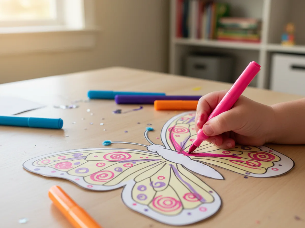 A child coloring a butterfly mask with bright washable markers in pink, purple, and blue on a craft table