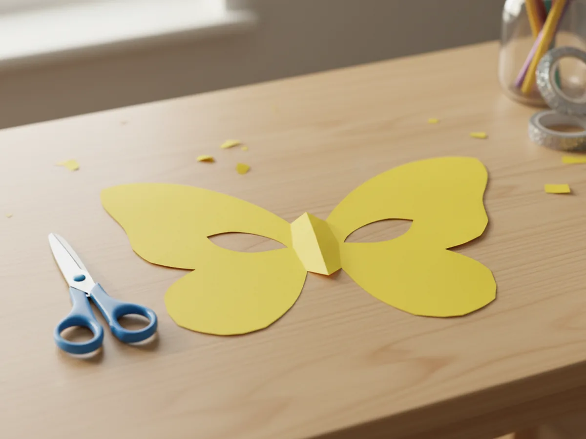 A yellow butterfly mask with two oval eye holes neatly cut out, lying flat on a white craft table next to scissors