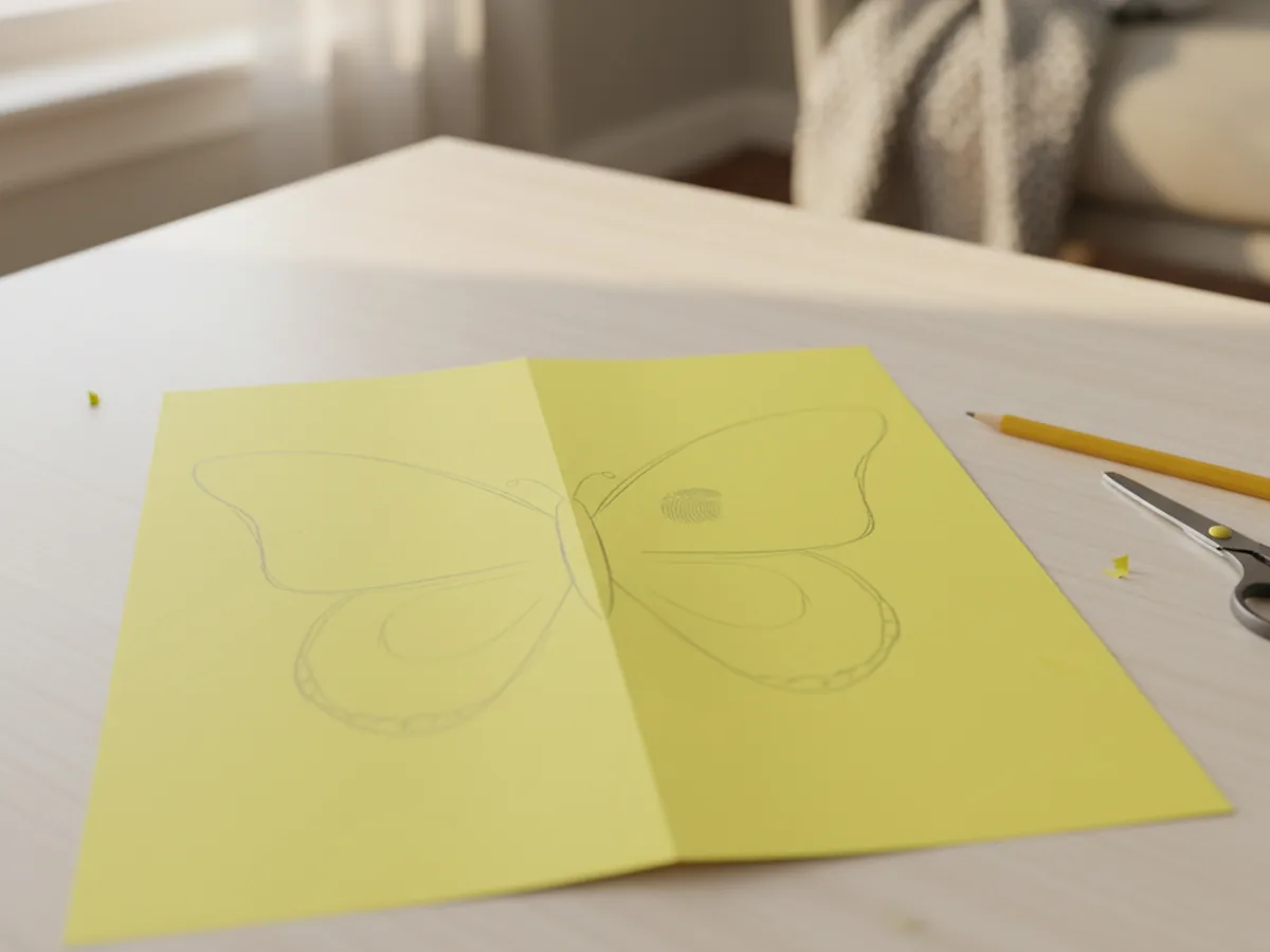 A bright yellow sheet of construction paper folded in half with a half butterfly mask shape penciled on it, ready to cut