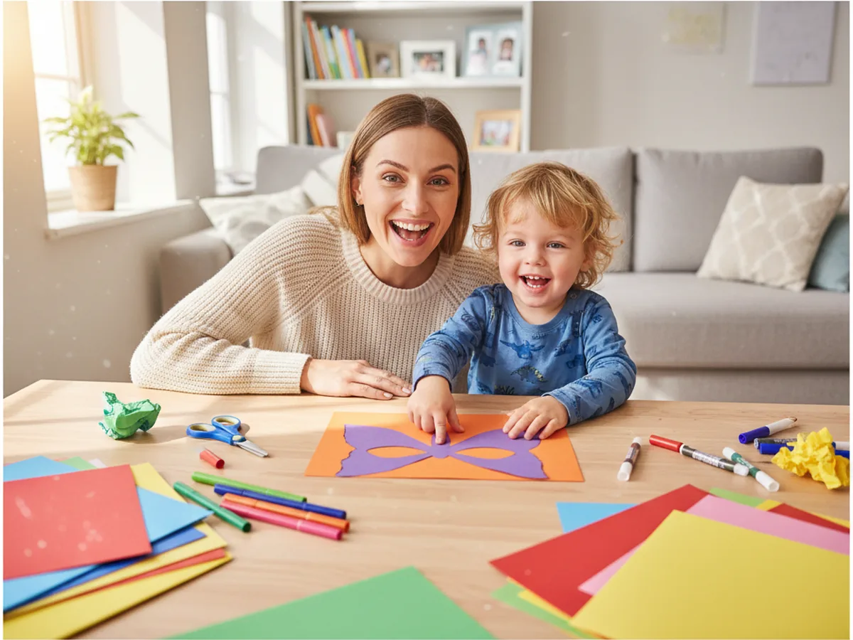 A mom and young child sitting together at a craft table, excited to start making a paper butterfly mask with colorful cardstock and markers