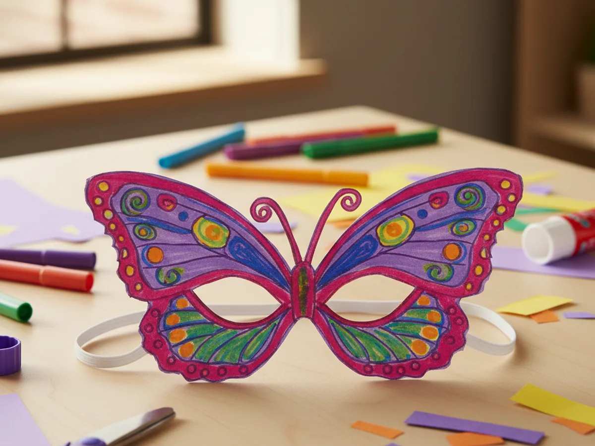 Finished colorful paper butterfly mask craft for kids lying on a white craft table with markers and cardstock
