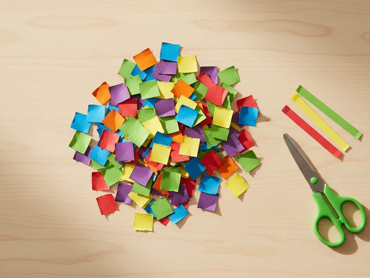 Small colorful construction paper squares in red, orange, yellow, green, blue, and purple piled on a craft table after being cut