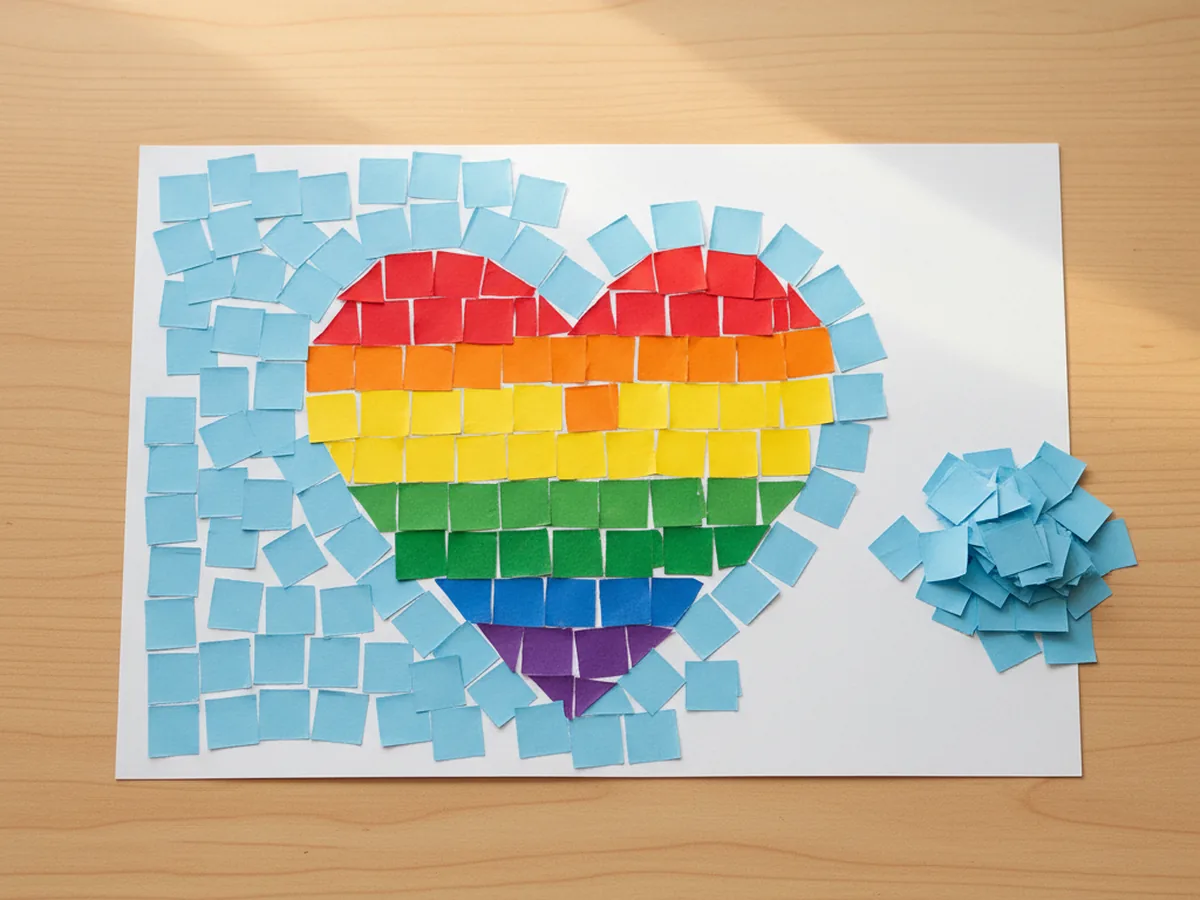 Light blue paper squares being glued into the background around a rainbow heart paper mosaic to fill the white space