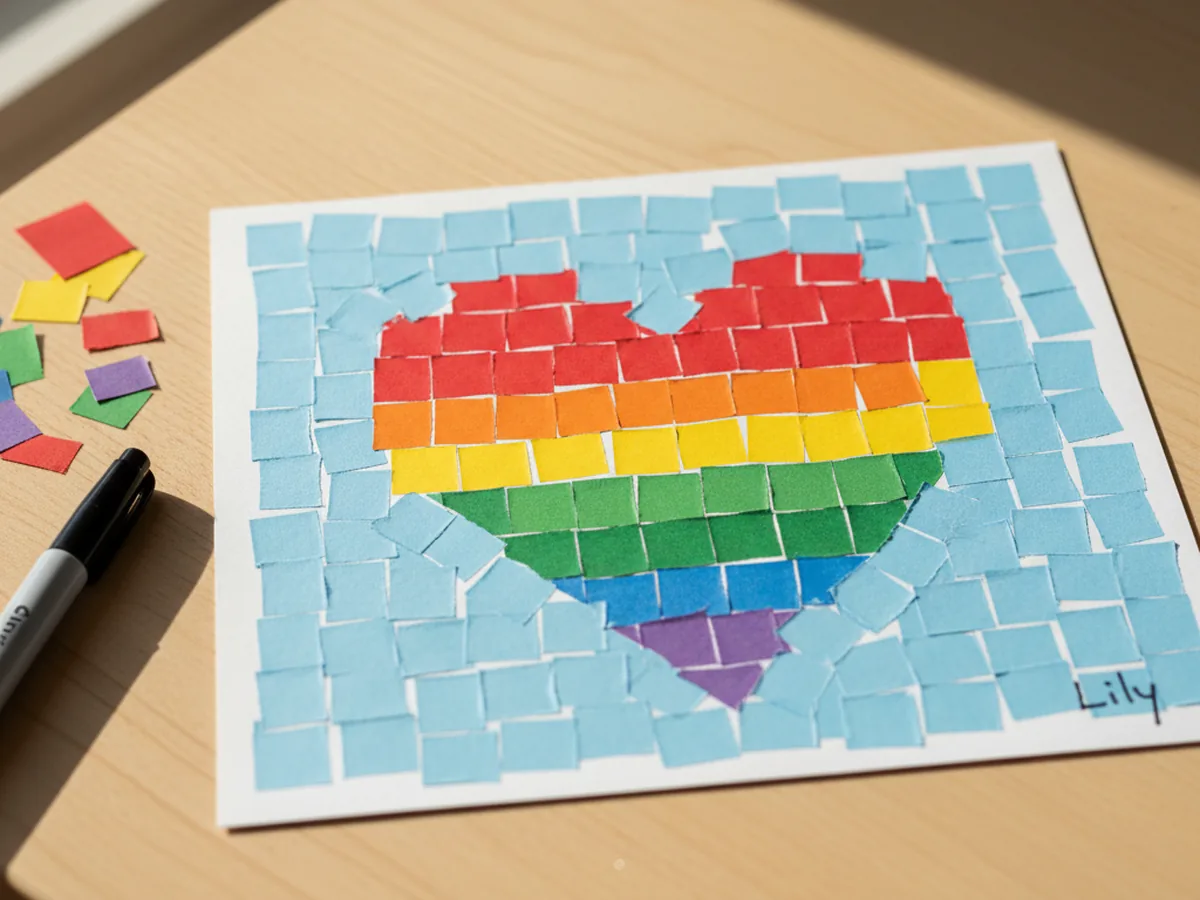Finished rainbow heart paper mosaic on white cardstock with a light blue mosaic background displayed on a craft table next to leftover paper squares