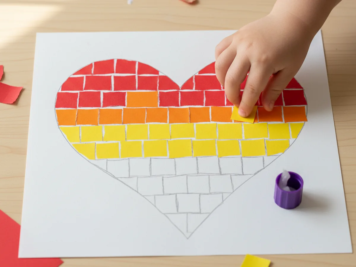 A child's hand pressing small colored paper squares inside a pencil heart outline on white cardstock with tiny white gaps showing between each piece