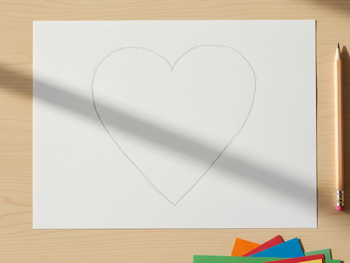 A pencil heart outline lightly drawn on a sheet of white cardstock ready for a paper mosaic craft