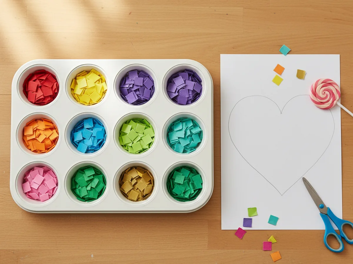 Small colored paper squares sorted by color into the separate cups of a white muffin tin on a craft table
